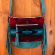 Turquoise Suede Leather and Red, Black & Turquoise Wool Crossbody Purse